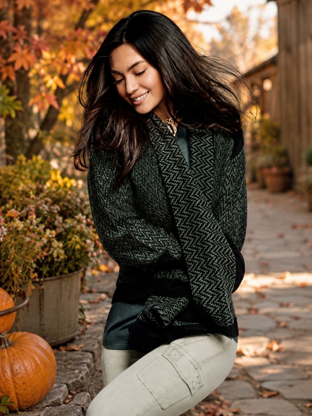 CAbi Fireside Zigzag Knit Open Front Cardigan Black Green Size Small